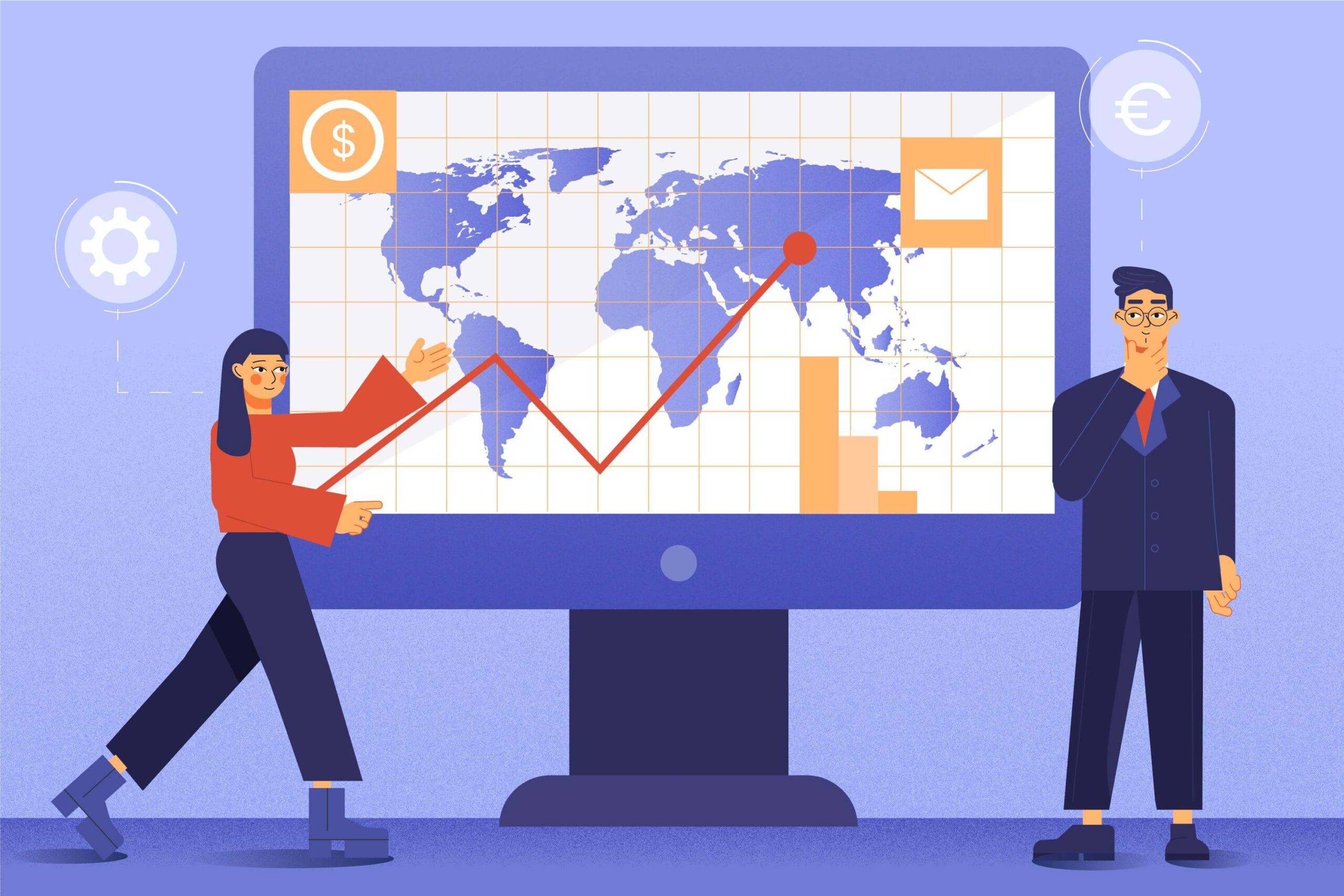 Illustration of two professionals analyzing a world map and lead generation graph on a large screen, symbolizing Medicare insurance lead trends and global data insights.